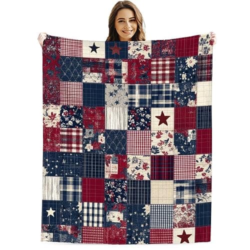 YucZiken Printed Patchwork Country Blanket Throw for Women and Men, Farmhouse Vintage Blanket Gift, Lightweight Fleece Americana Rustic Home Decor, 40"×50" thumbnail 6
