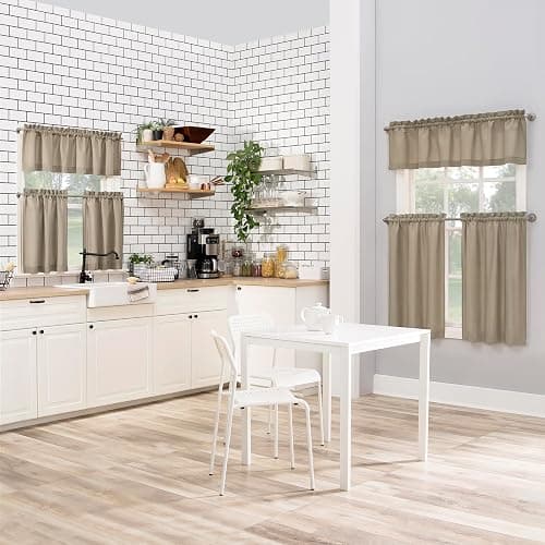 No. 918 Martine Microfiber Semi-Sheer Rod Pocket Kitchen Curtain Valance and Tiers Set, 54" x 36", Taupe thumbnail 6
