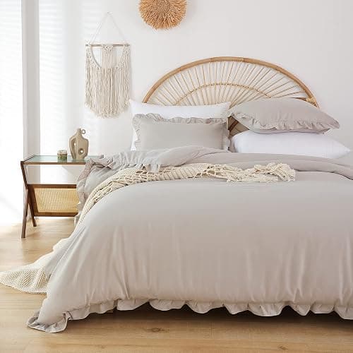 JANZAA Oatmeal Comforter Set Twin – Soft Microfiber, Lightweight All Season Bedding, Ruffle Shabby Chic Aesthetic, Breathable Cozy Bed Set with 1 Pillow Shams, Machine Washable thumbnail 2