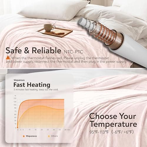 Wapaneus Foot Pocket Heated Blanket Electric Throw with 10 Heating Levels and 4 Timer Settings 4 Hours Auto Shut Off, Flannel Fast-Heating Heated Throw 50" x 60", Machine Washable, Pink thumbnail 5