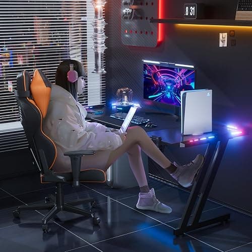 HLDIRECT 47 Inch Gaming Desk with LED Lights, Large RGB Computer Gaming Desk Table with Cup Holder Headphone Hook Mouse Pad, Ergonomic Modern Carbon Fiber Mesa Gamer Pc Work Home Office Desks, Black thumbnail 2