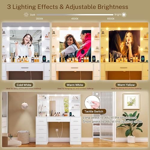 FIONESO Large Makeup Vanity, 42.1" Vanity Desk with Mirror and Lights, Makeup Vanity Table with 7 Drawers, 4 Shelves, 5 Jewel Hooks & Power Strip, Vanity Desk Set for Bedroom, White - White thumbnail 6