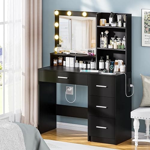 DINGIPP Vanity Desk with Lighted Mirror and Charging Station, Makeup Vanity with 4 Drawers & Storage Shelves,Makeup Desk 3 Color Lights Modes Available, Bedroom Dressing Table for Women, Girls thumbnail 5