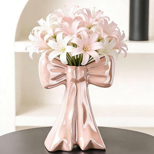 Disoza Bow Vase Pink Vase Ceramic Cute Decorative Flower Tulip Farmhouse Dazzling Modern Home Decor Pampas Grass for Table Bathroom Shelf - Image 1