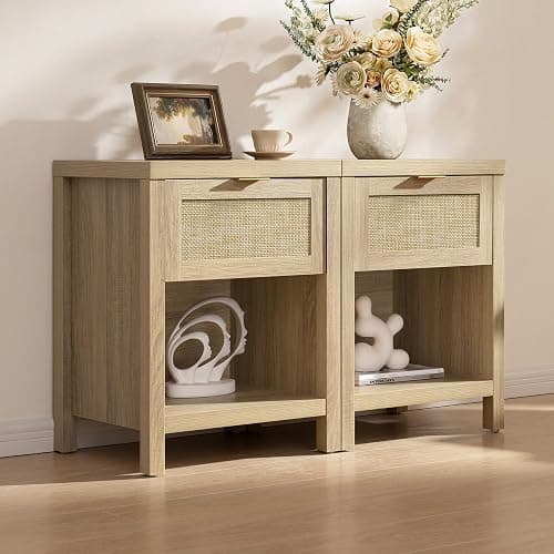 SICOTAS Nightstands Set of 2 Rattan Night Stand with Drawer | Farmhouse Bedside Table with Storage Shelf - Boho End Side Table for Bedroom, Light Oak thumbnail 6