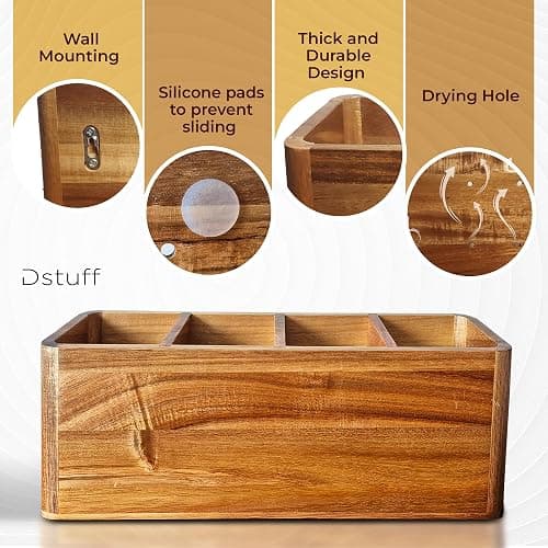 Dstuff Large Kitchen Utensil Holder Organizer for Counter or Countertop, Wooden Storage Container for Cooking and Silverware, Acacia Rustic Wood (4 Compartments) thumbnail 4