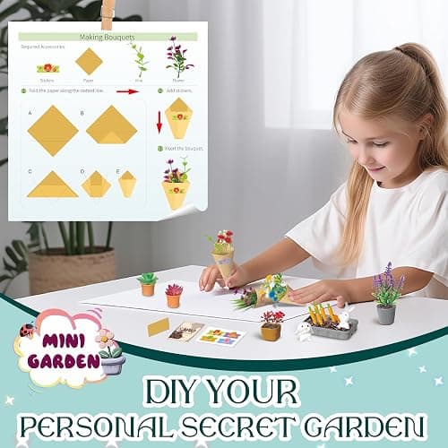 70 Pcs Make It Mini Botanicals Collectibles Playset, Paper Flower Bouquet DIY Crafts, Miniature Garden, Mini Plants, Bonsai, Potted, Succulent, Farm, Wooden Stand for Display, Toy Gift, Age 6+ (Brown) thumbnail 5