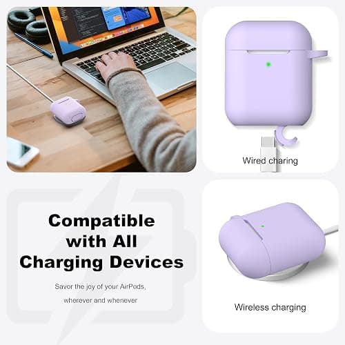 R-fun Compatible with AirPods Case Cover, Soft Silicone Protective Cover with Keychain for Women Men Compatible with Apple AirPods 2nd 1st Generation Charging Case, Front LED Visible,Pink Purple thumbnail 4