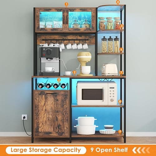 Bigbiglife Bakers Rack with Power Outlet and LED Light, 42.5 inch Industrial Coffee Bar Cabinet with Trash Can Storage Bin Cabinet, Microwave Stand with Storage for Kitchen, Living Room thumbnail 6