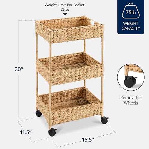 Best Choice Products 3-Tier Water Hyacinth Rolling Nursery Caddy w/Wheels, Utility Cart, Storage Organization for Bathroom, Craft Room, Laundry Room - Natural thumbnail 2