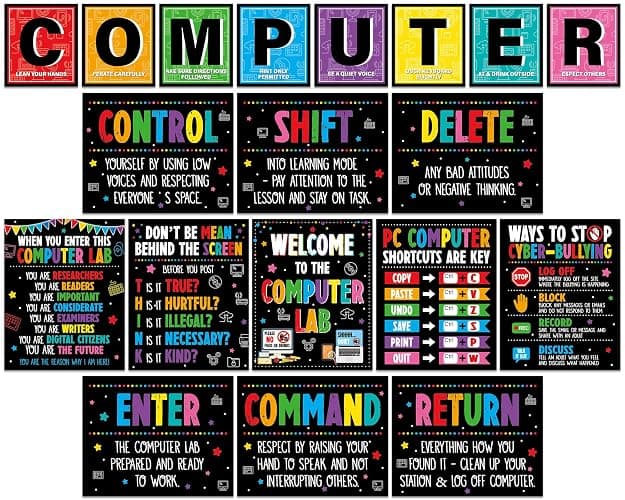 19pcs Computer Lab Poster Computer Science Posters Classroom Rules Decorations Inspirational Technology Digital Keyboard Shortcuts Education Chart PC Decor Wall Art Back to School Teacher Supplies - Image 1