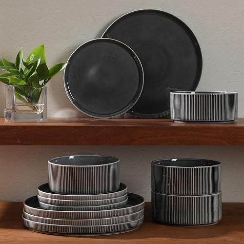 Gibson Elite Solana Coast 12 Piece Stoneware Reactive Glaze (Service for 4) Ceramic Plates and Bowls Modern Shape Embossed Dinnerware Set - Black thumbnail 7