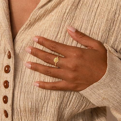 LADYGD Birth Flower Stacking Ring for Women | 14K Gold Plated Brass, 12 Engraved Floral Motifs, Slim Stack-Ready Band, Available in US Sizes 5-9 thumbnail 7