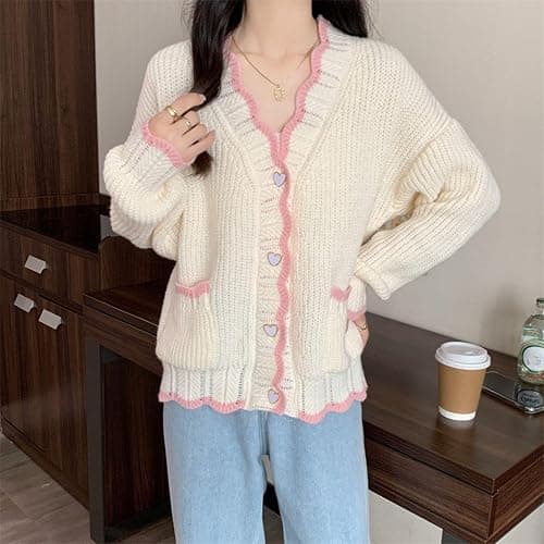 FindThy Women’s Cute Cardigan Sweater Kawaii V-Neck Long Sleeve Heart Button Color-Blocked Knit Outerwear thumbnail 3