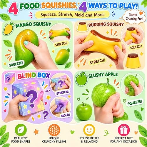 4PC Crunchy Squishy Pack,Sensory Stress Relief Squeeze Squishy Fidget Toys | Crunchy Mango, Pudding & Slushy Apple Squishy Toys with Mystery Squishy Box, ASMR Fidget Set for Adults, Party & Office Desk thumbnail 3