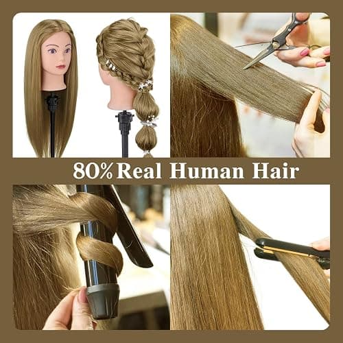 28" Mannequin Head Human Hair, 80% Real Hair Mannequin Head, Cosmetology Manikin Doll Head for Hair Styling Set #27, Training Practice Braiding Head with Table Clamp Suitable for Hair Extensions thumbnail 3