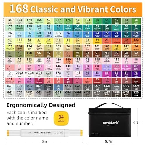 AnyMark Alcohol Markers Brush Tip, 168+1 Colors Brush & Chisel Art Markers | Dual Tip Alcohol-Based Markers Set with Case for Adult Artists Drawing Coloring thumbnail 6