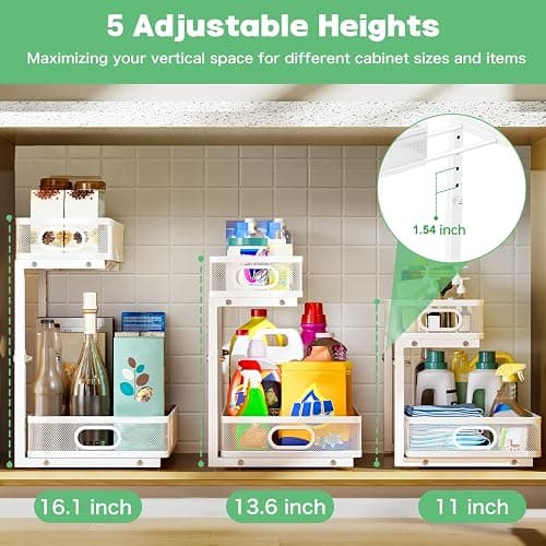 Under Sink Organizer, High Adjustable 2 Tier Under Sink Organizers and Storage, Slide Out Metal Cabinet Organizers, Pull Out Sink Storage Drawer Shelf for Kitchen Bathroom Cabinet, White, 2 Pack thumbnail 4