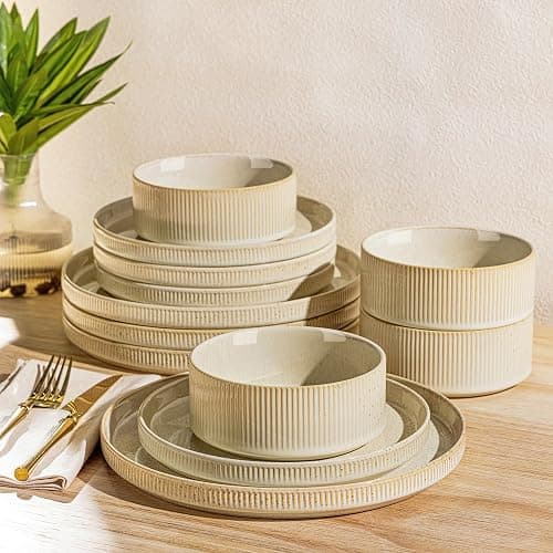TheTerra Ceramic Dinnerware Sets for 4, 12 Pieces Porcelain Lightweight Speckled Plates and Bowls Sets, Scratch Resistant Dish Set, Oven & Microwave & Dishwasher Safe - Image 1
