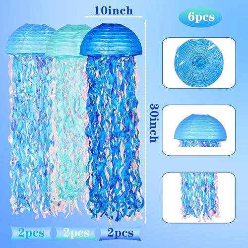 OBXT 10" Blue Hanging Jellyfish Paper Lanterns - Under The Sea Party & Mermaid Birthday Decorations, Baby Shower, Nautical Events, Ocean Theme Classroom & Beach Room Decor (Set of 6) - Gradient Blue B thumbnail 3