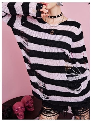 SweatyRocks Women's Ripped Hole Striped Sweaters Oversized Long Sleeve Pullover Knit Top thumbnail 4