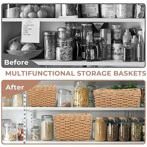 ZHHGOO Set di 5 Cestini Portaoggetti Intrecciato in Corda di Carta, Cestino Portaoggetti Colore Primario,Impilabile Organizer Fasciatoio, Decorazione Cestini Stoccaggio per Cameretta Salotto Ufficio thumbnail 3