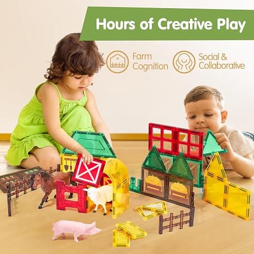 COCO&Friends Magnetic Tiles Farm Animals for Toddlers Kids Ages 3-8 - 45 PCS Magnetic Blocks with Fence Building Toys for 3 Year Old Girl Boy Birthday Gift - Montessori Educational Magnet Toys thumbnail 8