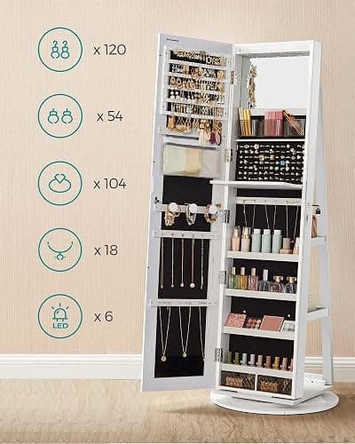 SONGMICS JJC007W01 Schmuckschrank mit Spiegel auf Füßen, abschließbar, mit 6 LEDs, Schmuckaufbewahrung, um 360° drehbar, rahmenlos, 3 Ablagen, weiße Oberfläche, schwarze Innenauskleidung thumbnail 4