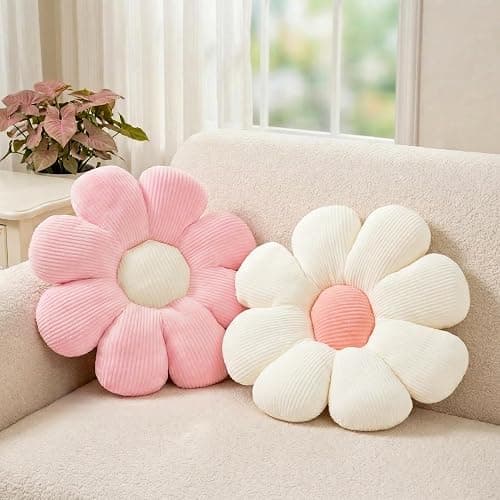2 Pcs Preppy Flower Decorative Throw Pillows Set for Bed Couch Sofa, 15.35" Cute Pink White Flower Daisy Shaped Pillow for Aesthetic Preppy Bedroom Room Dorm Classroom Decor (White+Pink, 15.35 Inch) - Image 1