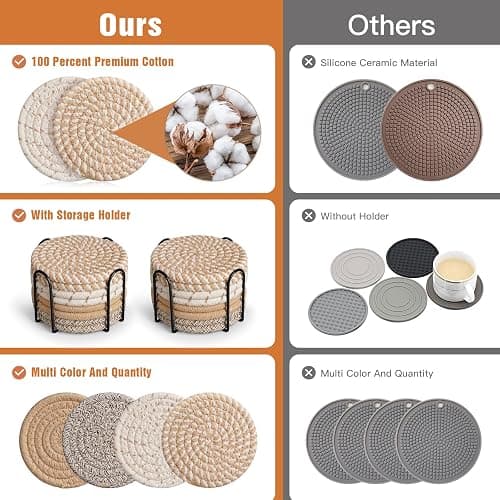 Drink Coasters with Holder, 4 Colors Absorbent Coasters, Cotton Woven Coaster Set of 8 for Table Protection, Home Decor, Housewarming Gift thumbnail 6