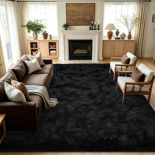 7x10 Extra Large Black Area Rug for Living Room Bedroom Dining Room, Fluffy Shag Soft Plush Furry Carpet Solid Color, Non-Slip Indoor Floor Mat for Kids Home Decor - Image 1