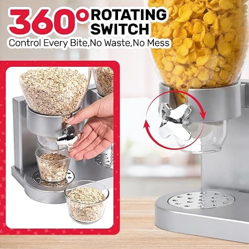 Adorabby Triple Cereal Dispenser - 3 Pack 2L Large Cereal Containers Storage Airtight, Rotating Plastic Cereal Dispenser for Countertop, Pantry Organizer for Cereal, Rice, Grains, Candy, Coffee Beans thumbnail 3