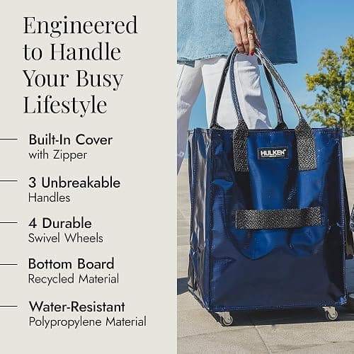 HULKEN - (Medium, Midnight Blue) Reusable Grocery Bag On Wheels, Shopping Trolley, Rolling Tote, Zipper Closure, Lightweight, Carries Up to 66 lb, Folds Flat, Unbreakable Handles thumbnail 2