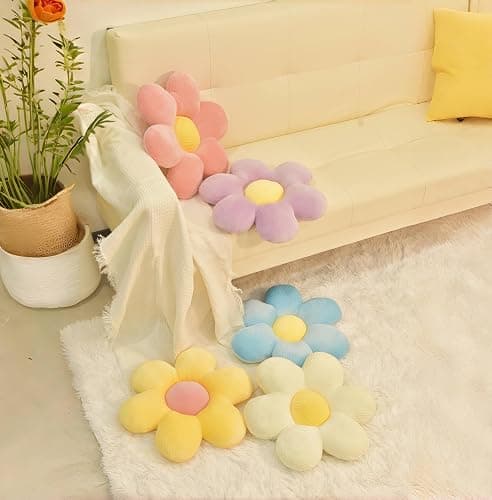 FSRONGXI Daisy Flower Pillow, Decorative White Throw Pillows, Cute Floor Cushions, Aesthetic Preppy Room Decor Cushion for Bed, Sofa, Chair 38cm (White & yellow) thumbnail 5
