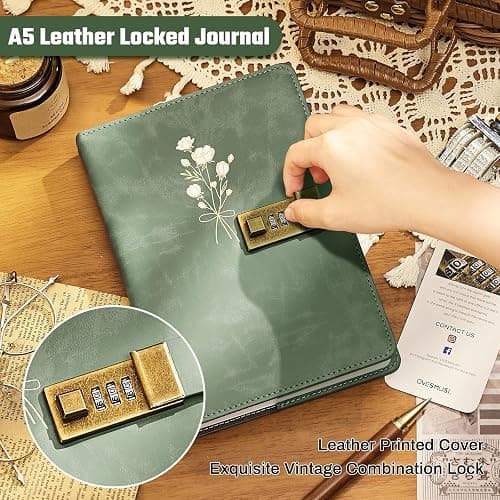 Ovesmusl Diary with Lock for Girls A5 Leather Diary for Women 260 Pages 100 GSM Refillable Journal with Lock for Teens Secrets Flower Journals with Combination Passwords, 5.7"x8.3", Green thumbnail 5