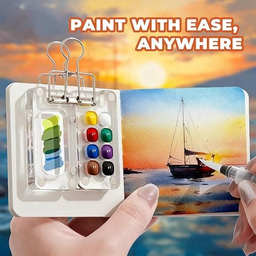 MUZMDNI Mini Watercolor Paint Set Portable, Travel Grid Paint Palette Box with Binder Clips Include Paint, Brush*3 and Picture Album Art Materials Coloring Markers (Brown Wood-S) thumbnail 7