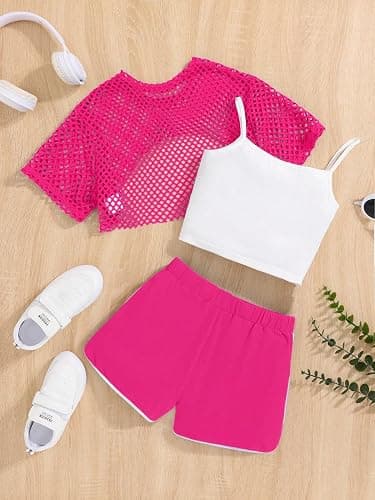 Verdusa Girl's 3 Piece Outfits Letter Print Cami Top Track Shorts with Short Sleeve Mesh Tee Top - 12-13Y - Hot Pink thumbnail 2