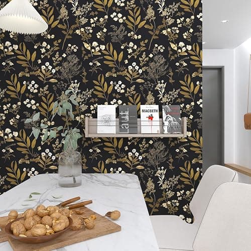 Laatse Black Gold Wallpaper Peel and Stick Dark Floral Wallpaper 17.5in x 118in Vintage Leaf Contact Paper Vinyl Waterproof Self Adhesive Boho Botanical Wall Paper for Bedroom Cabinet Décor thumbnail 8