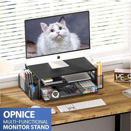 OPNICE Desk Organizer and Accessories, 2-Tier Computer Monitor Stand Riser with Drawer and 2 Pen Holders, Laptop Stand, Office Desk Accessories for Office Supplies, Black thumbnail 7