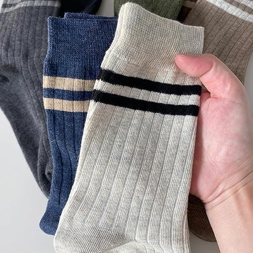 TeenFighter 7 Pair Pack Men's Retro Double Bar Cotton Socks - Vintage Design Crew Socks with Breathable Soft Fabric for Casual & Athletic Wear thumbnail 5