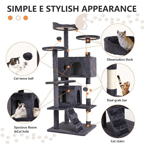 BestPet | 54" Cat Tree Tower | Ashy | Sturdy, Easy to Assemble, Multi-Level Activity Center with Sisal Scratching Posts, Condos, Perches, Hanging Cat Toys, Observation Decks & Ladder thumbnail 6