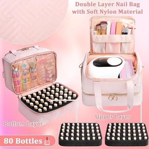 Veirdro Nail Polish Organizer Bag Holds 80 Bottles (15ml/0.5fl.oz)& Nail Lamp, Soft Velvet Nail Kit Storage Carrying Case with Shoulder Strap, Double Layer Nail Supplies Organizer Handbag Women (Pink) thumbnail 2