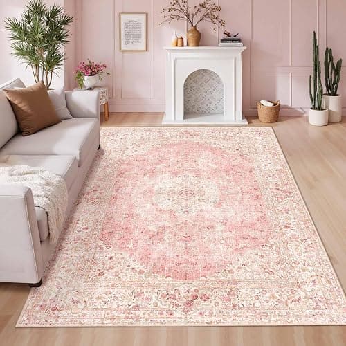 Latte&Fog Washable Pink Rug, Vintage 5x7 Area Rugs for Girls Bedroom,Living Room,Cute Nursery Dorm, Floral Non Slip Low Pile Soft Carpets for Classroom Kids Playroom Kitchen Dining Room Office - Image 1