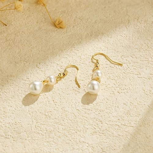 Freekiss Pearl Earrings for Women Trendy: Flat Back Stud Earrings 14K Gold Plated/925 Sterling Silver Freshwater Pearl Dangle Earrings Cute Bow Earrings Wedding Jewelry Birthday Gifts for Women Girls thumbnail 7