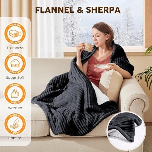 HYLEORY Heated Blanket Electric Throw, Soft Flannel Sherpa Heater 5 Heat Settings and 3 Hours Auto Shut-Off Heating Blanket ETL Certification Over-Heat Protection Machine Washable,Deep Grey thumbnail 2