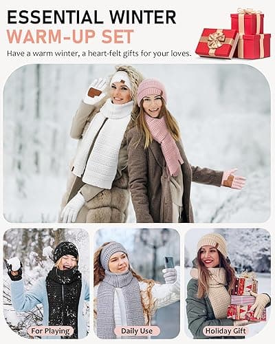 Womens Winter Beanie Hat Scarf Gloves Headband Set, Slouchy Beanie Ear Warmer Knit Scarf Touchscreen Gloves Warm 4 Gift Set - Oatmeal thumbnail 7