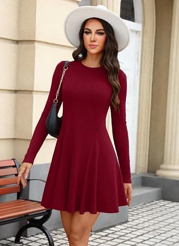 OFEEFAN Sweater Dress for Women Fall 2025 Long Sleeve Crew Neck Ribbed Knit Fit and Flare A-Line Dresses thumbnail 3