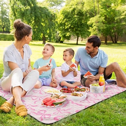 SmoothNovelty Pink Bow Picnic Blanket 80'' x 80'' Waterproof Extra Large Camping Blanket Coquette Picnic Mat Foldable Portable Preppy Outdoor Beach Mat with Carry Strap for Outdoor Grass Lawn Park thumbnail 2