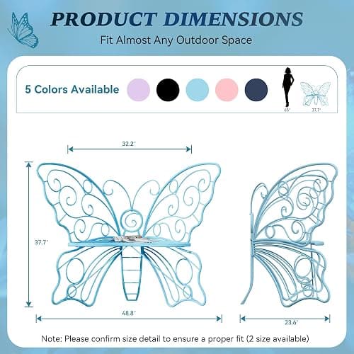 Decoccino 49 Inch Outdoor Bench, Blue Garden Bench with Metal Frame, Weatherproof Butterfly Front Porch Benches for Lawn, Garden, Yard, Balcony thumbnail 2