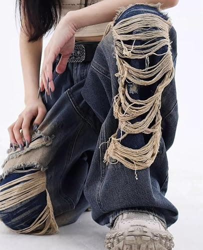 Lafaguw Baggy Jeans for Women Men Ripped Straight Leg High Waisted Pants | Baggy Jeans Y2k,Ripped Jean,High Rise,Distressed Pants,Gothic Pants,Classic 4 Pockets,Grunge Clothes,Summer Outfits thumbnail 6